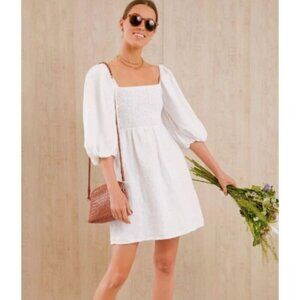 Tuckernuck Annie Smocked Mini Linen Dress in White Medium Puff Sleeves
